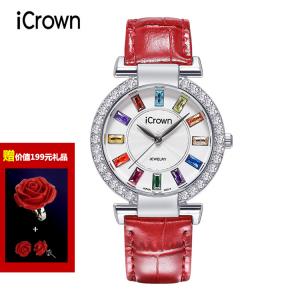 艾克朗icrown 女表外径36mm真皮防水潮流时尚锆石手工镶嵌手表2464064 银色表壳 买就送价值199元的玫瑰花耳钉戒指套装