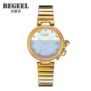 宾爵BEGEEL 手表表瑞士进口机芯镀金真钻时尚百搭简约轻奢女士石英金表